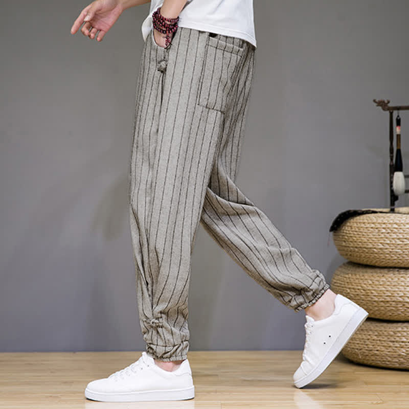 Buddha Stones Pantalon sarouel rayé à cordon de serrage, coupe courte, style décontracté d'été, avec poches. - image 25