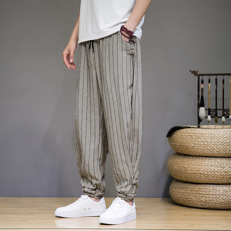 Buddha Stones Pantalon sarouel rayé à cordon de serrage, coupe courte, style décontracté d'été, avec poches. - image 23