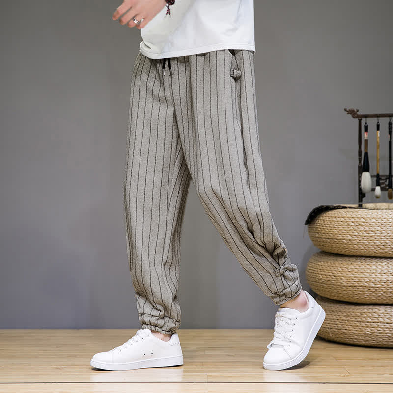 Buddha Stones Pantalon sarouel rayé à cordon de serrage, coupe courte, style décontracté d'été, avec poches. - Beige - US/UK/AU46, EU56 (5XL) - image 20