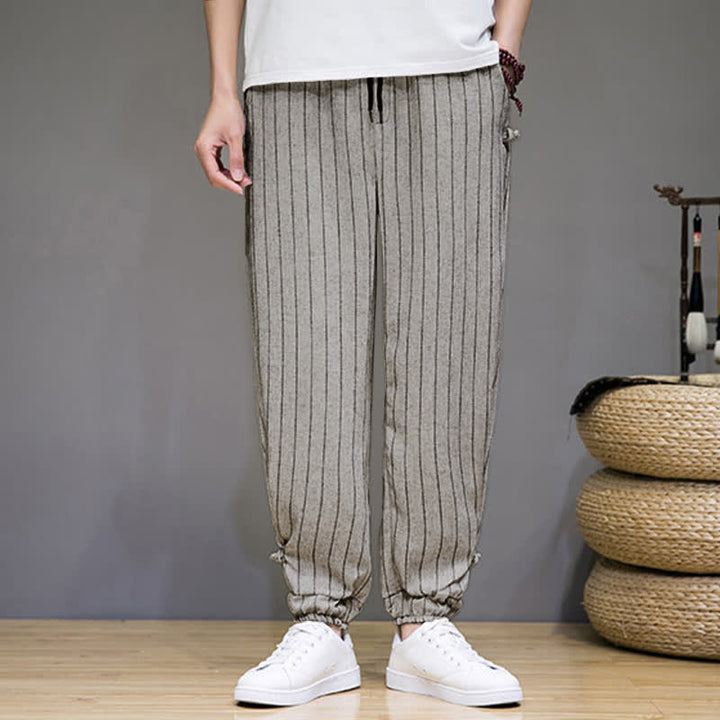 Buddha Stones Pantalon sarouel rayé à cordon de serrage, coupe courte, style décontracté d'été, avec poches. - image 21