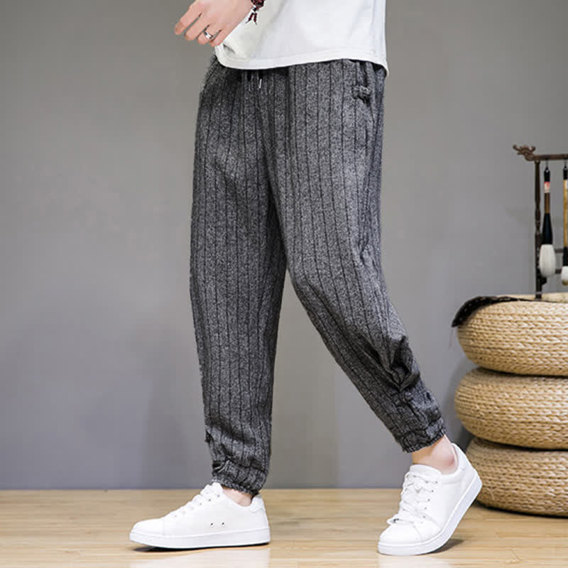 Buddha Stones Pantalon sarouel rayé à cordon de serrage, coupe courte, style décontracté d'été, avec poches. - Gris sombre - US/UK/AU46, EU56 (5XL) - image 12
