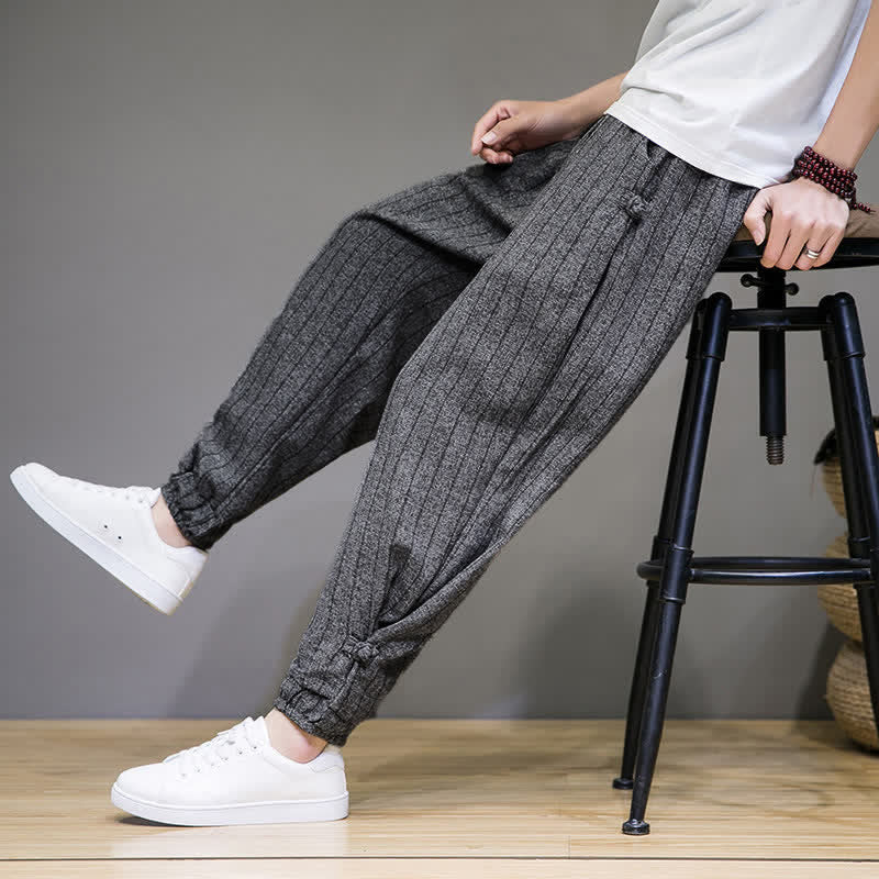 Buddha Stones Pantalon sarouel rayé à cordon de serrage, coupe courte, style décontracté d'été, avec poches. - image 19