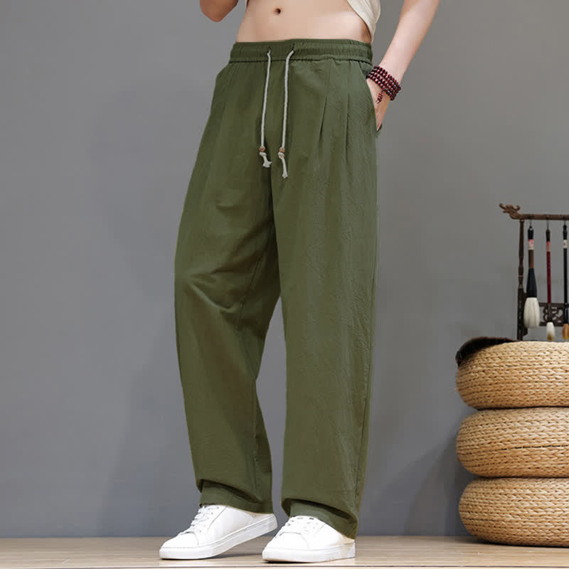 Buddha Stones Pantalon harem d'été décontracté vintage en coton uni avec cordon de serrage et poches - Vert olive - US/UK/AU48, EU58 (6XL) - image 0
