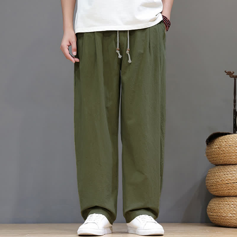 Buddha Stones Pantalon harem d'été décontracté vintage en coton uni avec cordon de serrage et poches - image 1