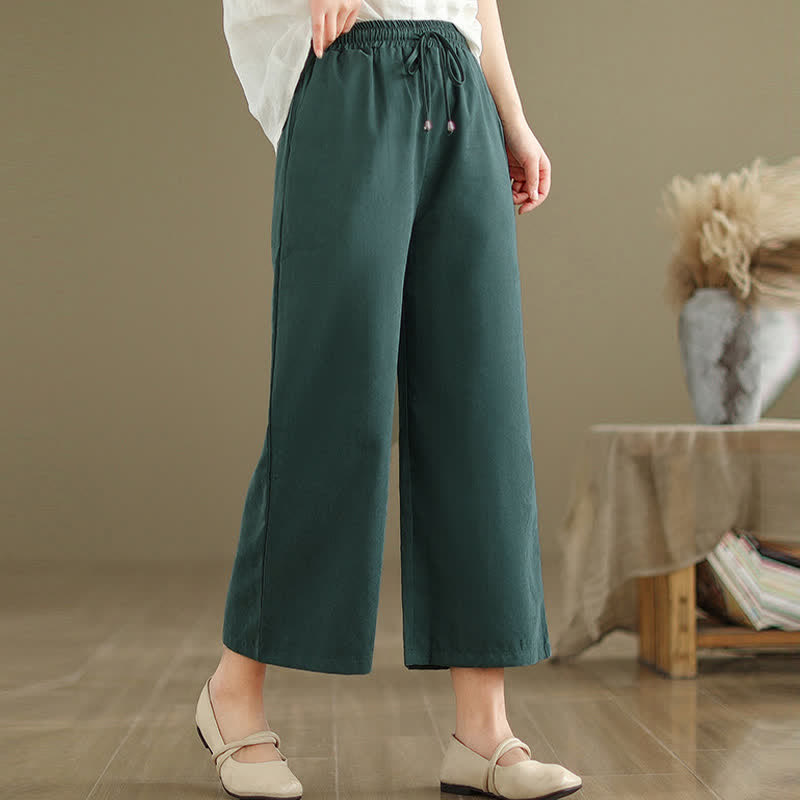Buddha Stones Pantalon court d'été décontracté et minimaliste en coton uni, à cordon de serrage et jambes larges, avec poches. - image 1