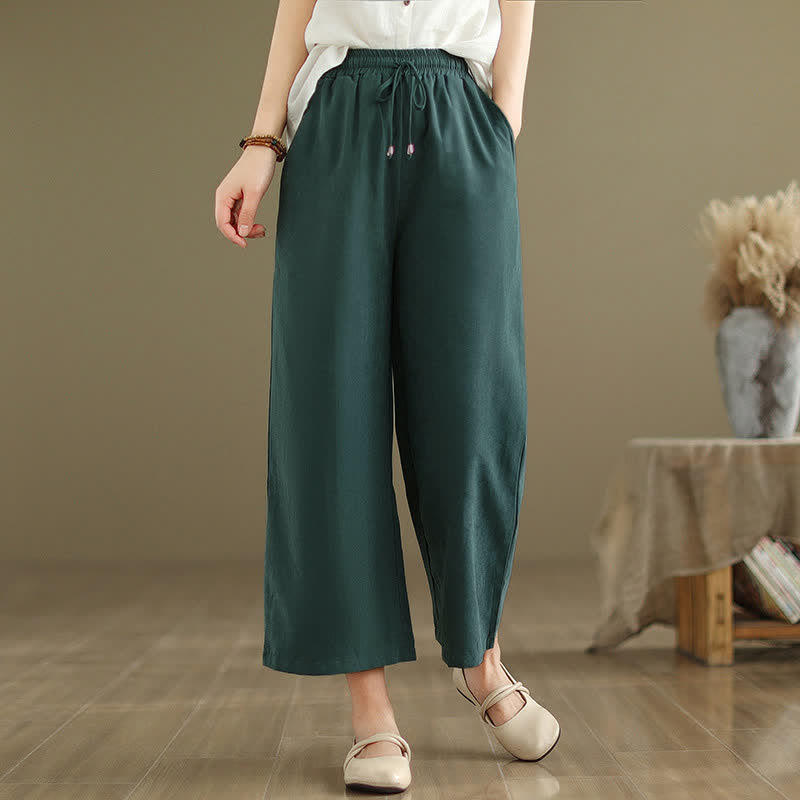 Buddha Stones Pantalon court d'été décontracté et minimaliste en coton uni, à cordon de serrage et jambes larges, avec poches. - Vert forêt - US8-10, UK/AU12-14, EU40-42 (2XL) - image 0