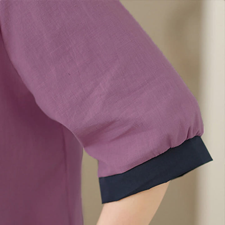 Buddha Stones Chemises d'été élégantes à manches courtes pour femmes, col contrastant et boutons, unies - image 10