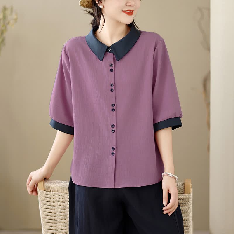 Buddha Stones Chemises d'été élégantes à manches courtes pour femmes, col contrastant et boutons, unies - Violet moyen - US8-10, UK/AU12-14, EU40-42 (2XL) - image 0