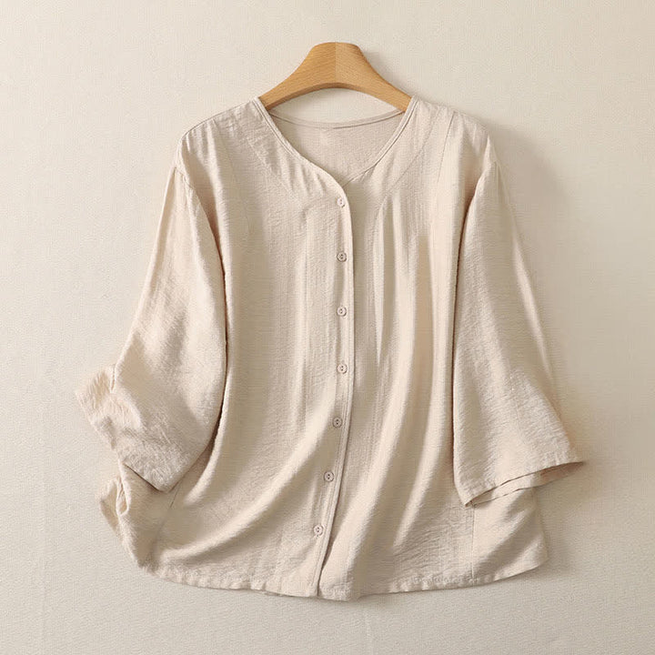 Buddha Stones Chemises à manches longues unies à boutons pour femmes, style minimaliste décontracté d'été - Blanc antique - US12, UK/AU16, EU44 (3XL) - image 9