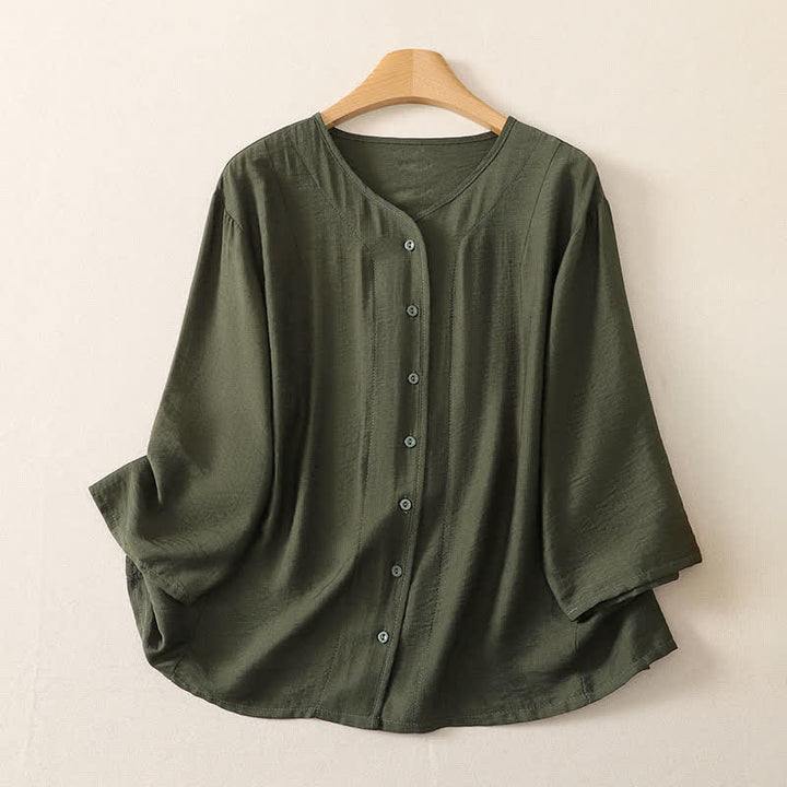 Buddha Stones Chemises à manches longues unies à boutons pour femmes, style minimaliste décontracté d'été - Vert olive foncé - US12, UK/AU16, EU44 (3XL) - image 13