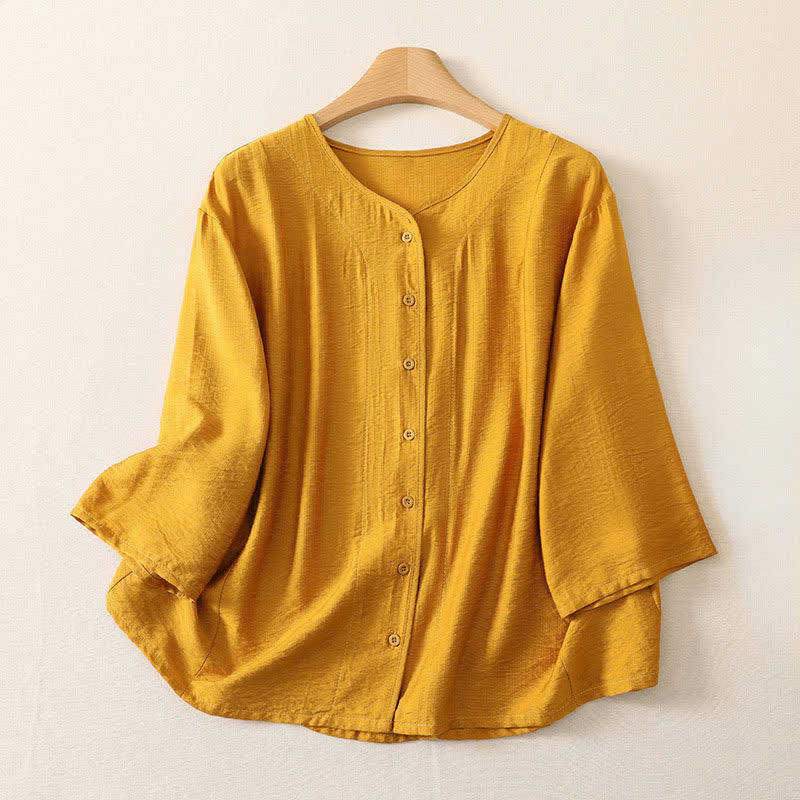 Buddha Stones Chemises à manches longues unies à boutons pour femmes, style minimaliste décontracté d'été - verge d'or - US12, UK/AU16, EU44 (3XL) - image 0