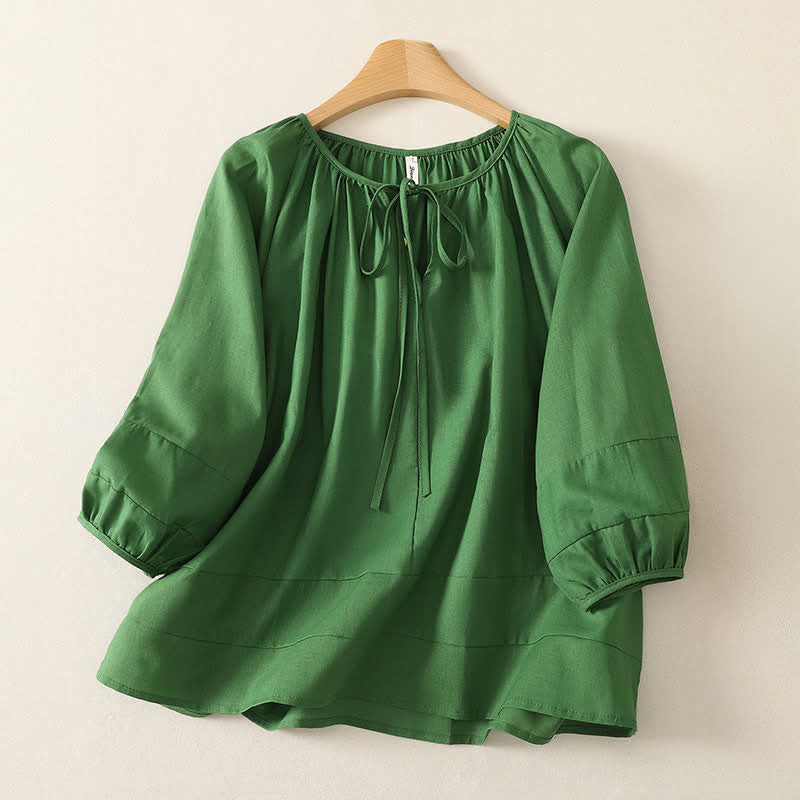 Buddha Stones Chemise d'été bohème à col rond et cordon de serrage, manches longues, unie, pour femme - Vert d'eau - US14, UK/AU18, EU46 (2XL) - image 0