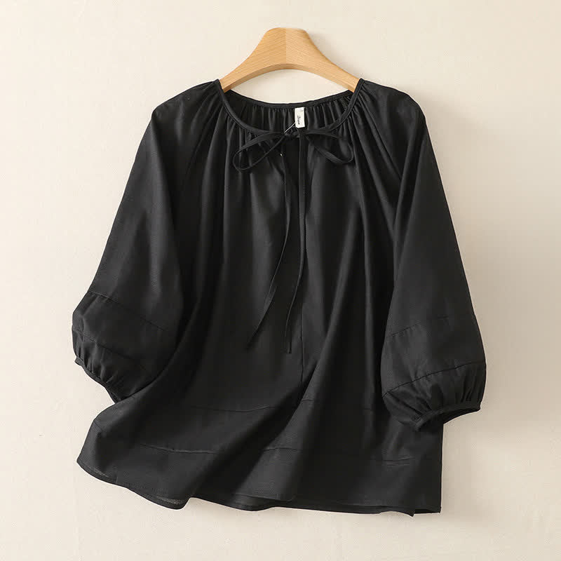 Buddha Stones Chemise d'été bohème à col rond et cordon de serrage, manches longues, unie, pour femme - Noir - US14, UK/AU18, EU46 (2XL) - image 8