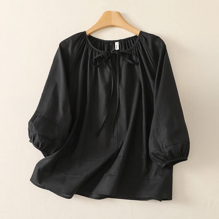 Buddha Stones Chemise d'été bohème à col rond et cordon de serrage, manches longues, unie, pour femme - Noir - US14, UK/AU18, EU46 (2XL) - image 8
