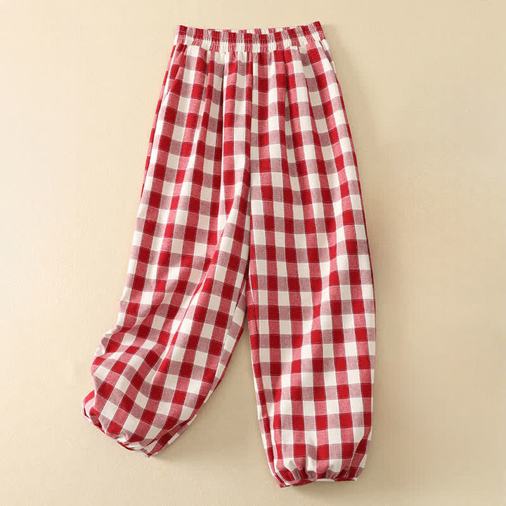 Buddha Stones Pantalon court à carreaux classique et décontracté d'été pour femme, style sarouel, avec poches - Cramoisi - US8-10, UK/AU12-14, EU40-42 (2XL) - image 0