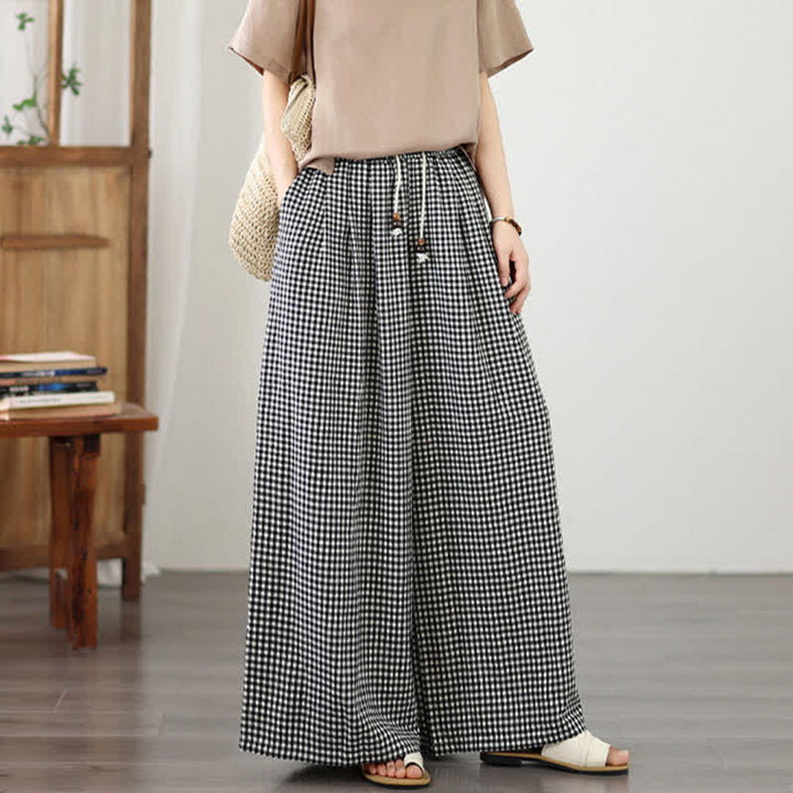 Buddha Stones Pantalon d'été décontracté à petits carreaux avec cordon de serrage et cheville, jambes larges, poches - Noir - US8-10, UK/AU12-14, EU40-42 (2XL) - image 8