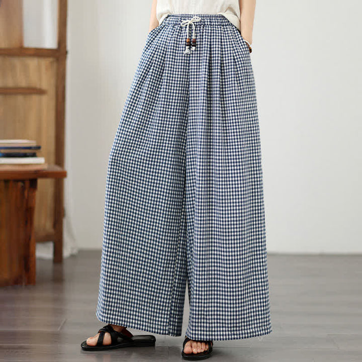 Buddha Stones Pantalon d'été décontracté à petits carreaux avec cordon de serrage et cheville, jambes larges, poches - image 1