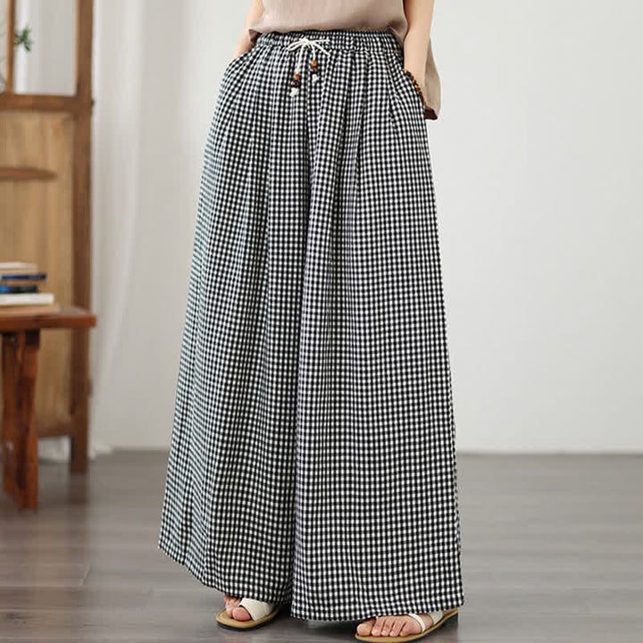 Buddha Stones Pantalon d'été décontracté à petits carreaux avec cordon de serrage et cheville, jambes larges, poches - image 13