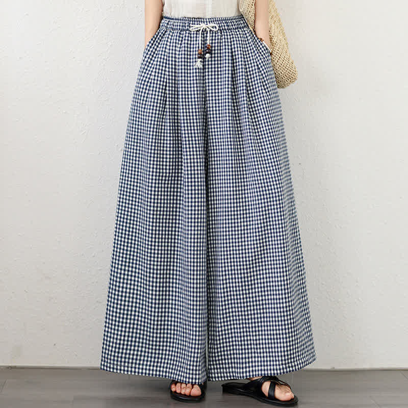 Buddha Stones Pantalon d'été décontracté à petits carreaux avec cordon de serrage et cheville, jambes larges, poches - image 3
