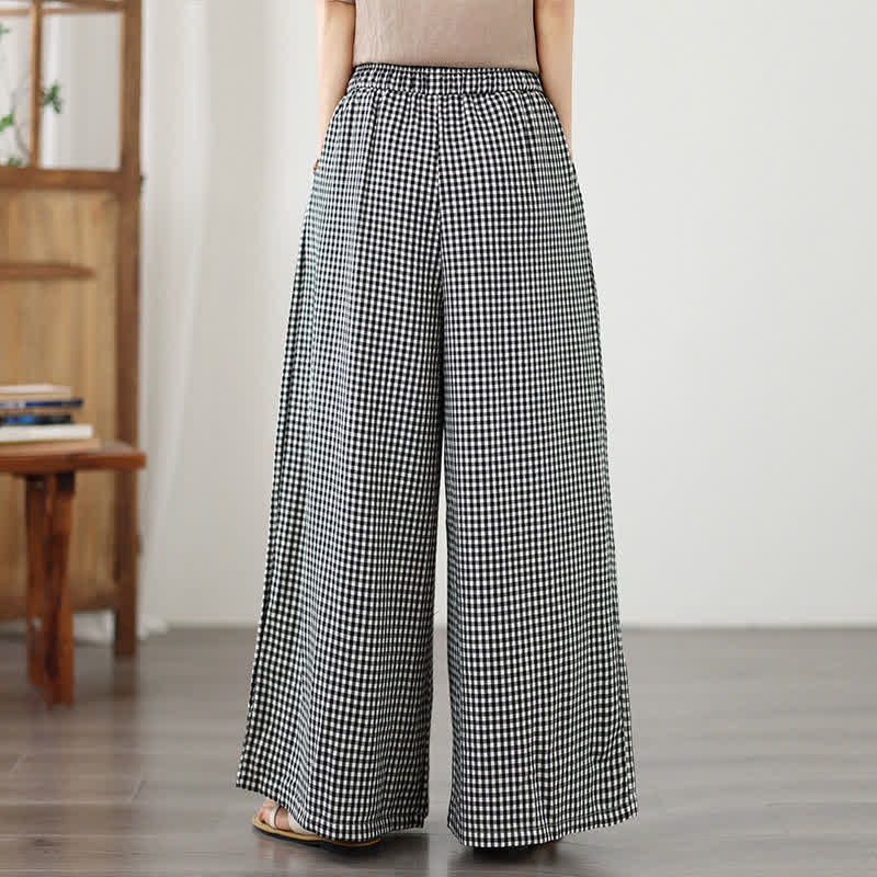 Buddha Stones Pantalon d'été décontracté à petits carreaux avec cordon de serrage et cheville, jambes larges, poches - image 11