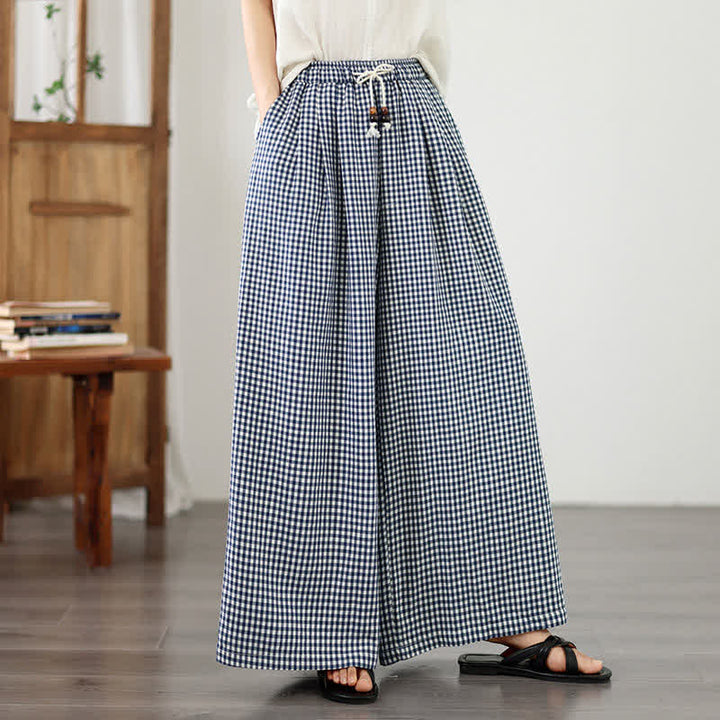 Buddha Stones Pantalon d'été décontracté à petits carreaux avec cordon de serrage et cheville, jambes larges, poches - image 2