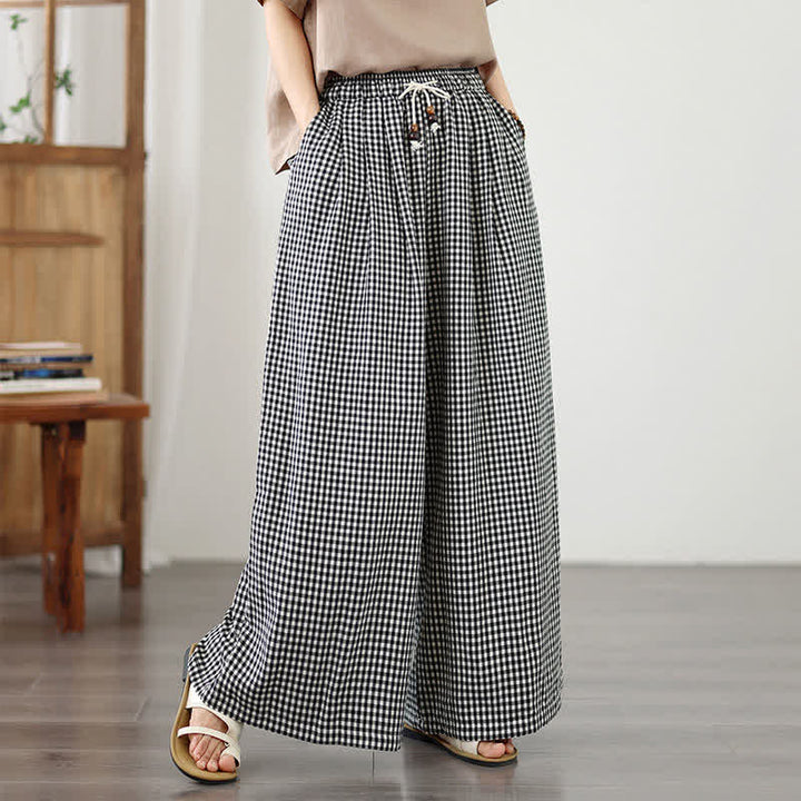 Buddha Stones Pantalon d'été décontracté à petits carreaux avec cordon de serrage et cheville, jambes larges, poches - image 9