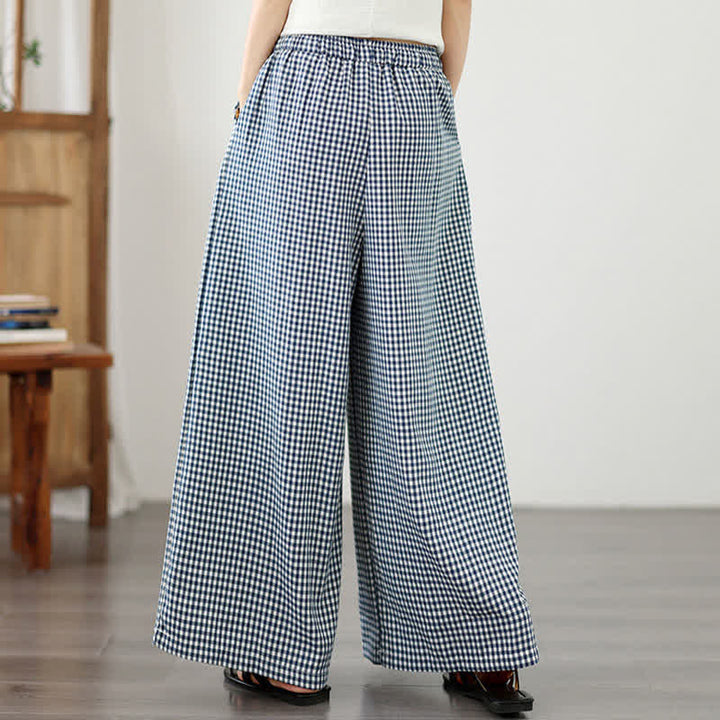 Buddha Stones Pantalon d'été décontracté à petits carreaux avec cordon de serrage et cheville, jambes larges, poches - image 4