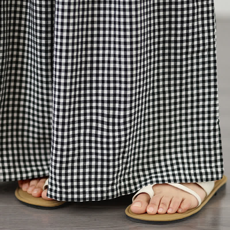 Buddha Stones Pantalon d'été décontracté à petits carreaux avec cordon de serrage et cheville, jambes larges, poches - image 17