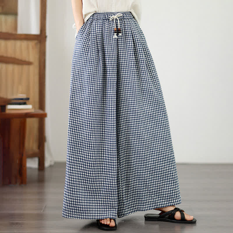 Buddha Stones Pantalon d'été décontracté à petits carreaux avec cordon de serrage et cheville, jambes larges, poches - Bleu acier clair - US8-10, UK/AU12-14, EU40-42 (2XL) - image 0