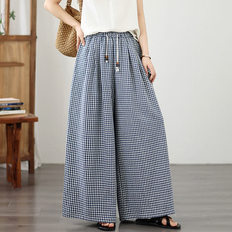 Buddha Stones Pantalon d'été décontracté à petits carreaux avec cordon de serrage et cheville, jambes larges, poches - image 5