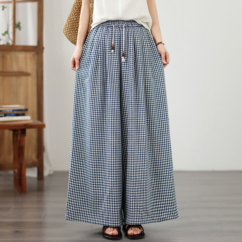 Buddha Stones Pantalon d'été décontracté à petits carreaux avec cordon de serrage et cheville, jambes larges, poches - image 7