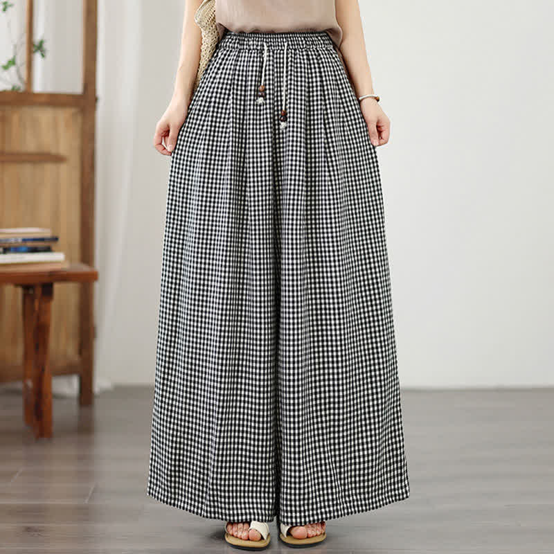 Buddha Stones Pantalon d'été décontracté à petits carreaux avec cordon de serrage et cheville, jambes larges, poches - image 12