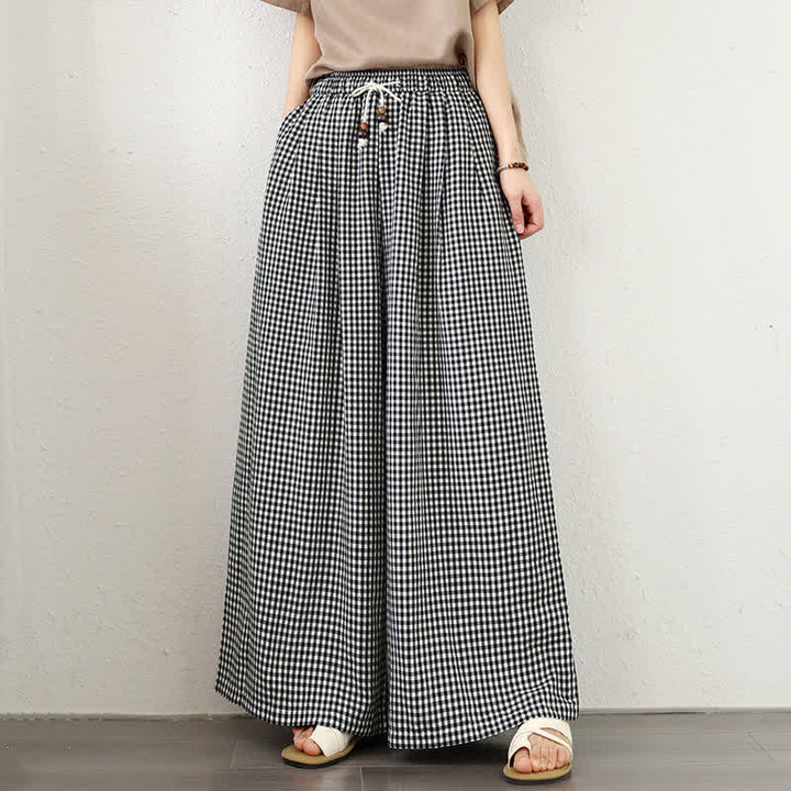 Buddha Stones Pantalon d'été décontracté à petits carreaux avec cordon de serrage et cheville, jambes larges, poches - image 10
