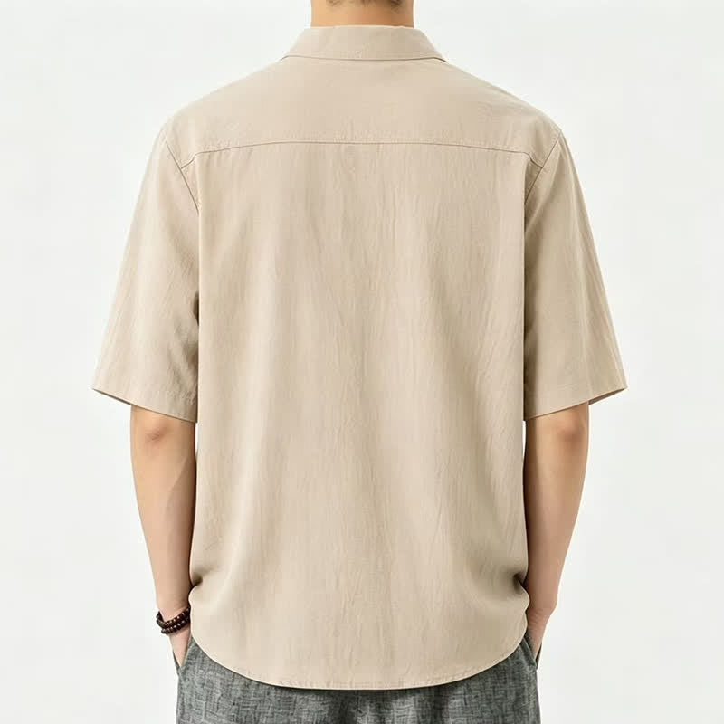 Buddha Stones Chemises d'été décontractées à col mandarin pour hommes, manches courtes, unies - image 1