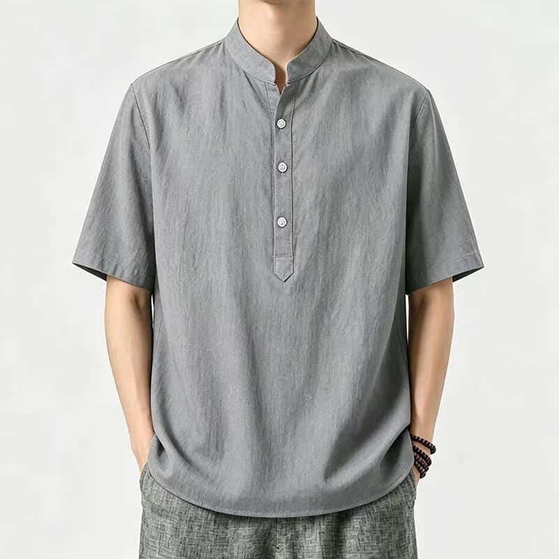 Buddha Stones Chemises d'été décontractées à col mandarin pour hommes, manches courtes, unies - Gris - US/UK/AU46, EU56 (5XL) - image 4