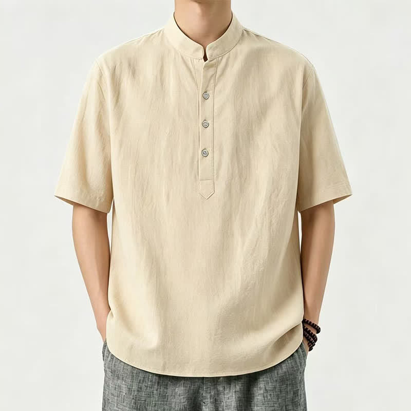 Buddha Stones Chemises d'été décontractées à col mandarin pour hommes, manches courtes, unies - Kaki - US/UK/AU46, EU56 (5XL) - image 0