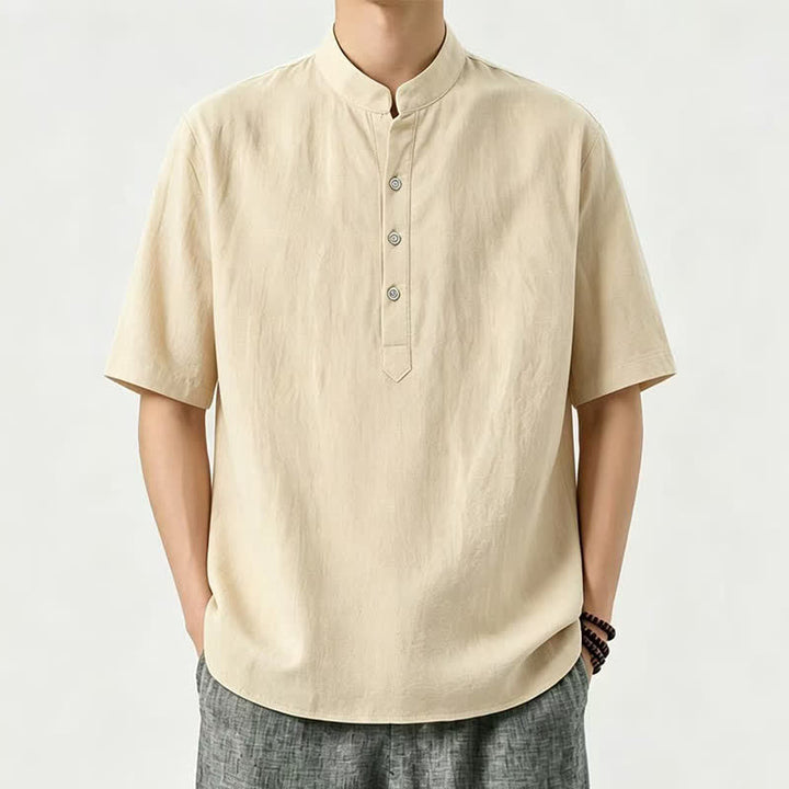 Buddha Stones Chemises d'été décontractées à col mandarin pour hommes, manches courtes, unies - Kaki - US/UK/AU46, EU56 (5XL) - image 0
