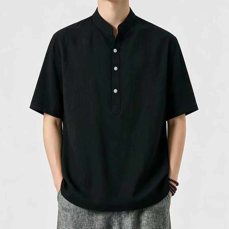 Buddha Stones Chemises d'été décontractées à col mandarin pour hommes, manches courtes, unies - Noir - US/UK/AU46, EU56 (5XL) - image 2