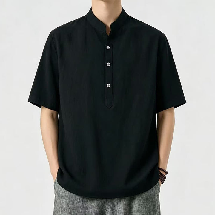 Buddha Stones Chemises d'été décontractées à col mandarin pour hommes, manches courtes, unies - Noir - US/UK/AU46, EU56 (5XL) - image 2