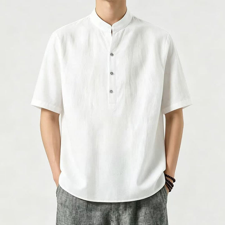 Buddha Stones Chemises d'été décontractées à col mandarin pour hommes, manches courtes, unies - Blanc - US/UK/AU46, EU56 (5XL) - image 6