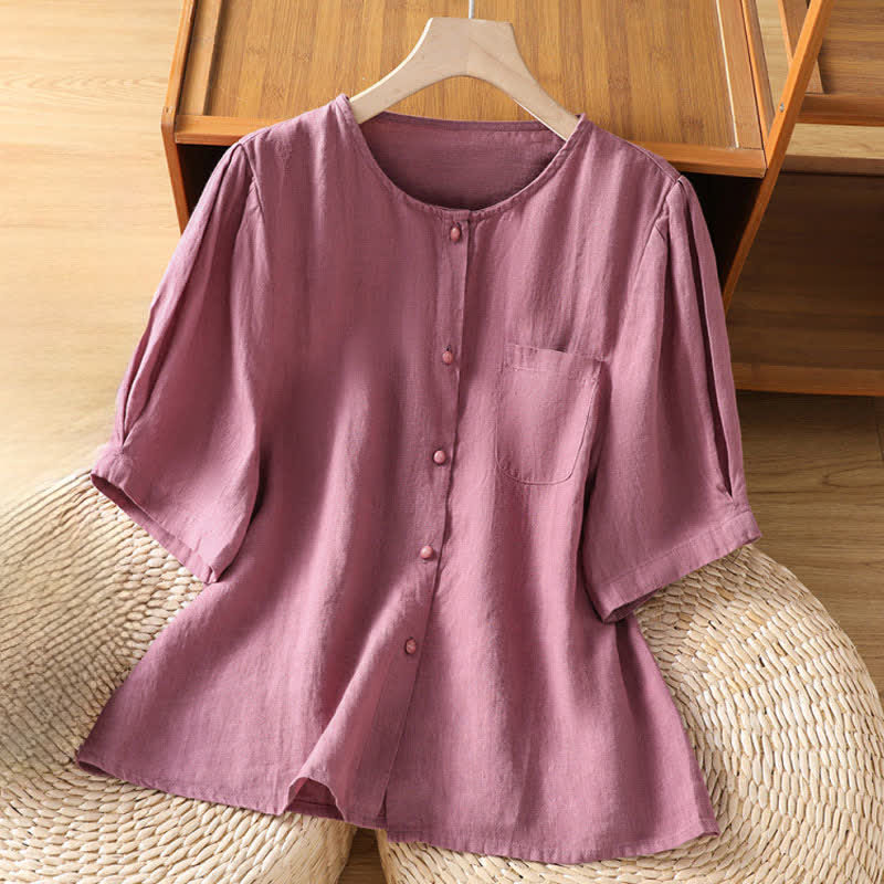Buddha Stones Chemises d'été minimalistes et décontractées à manches courtes pour femmes, boutonnées, unies, avec poche plaquée - RosyBrown - US8-10, UK/AU12-14, EU40-42 (2XL) - image 0