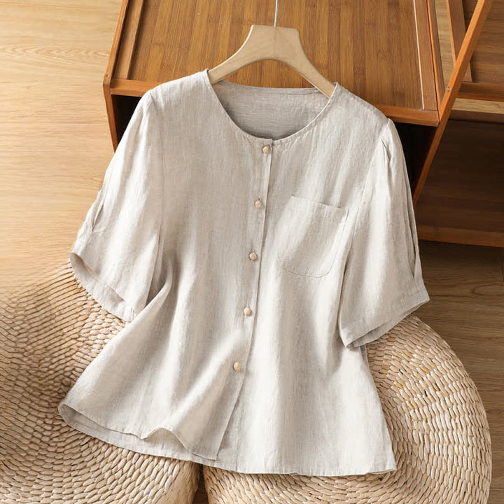 Buddha Stones Chemises d'été minimalistes et décontractées à manches courtes pour femmes, boutonnées, unies, avec poche plaquée - Lin - US8-10, UK/AU12-14, EU40-42 (2XL) - image 13