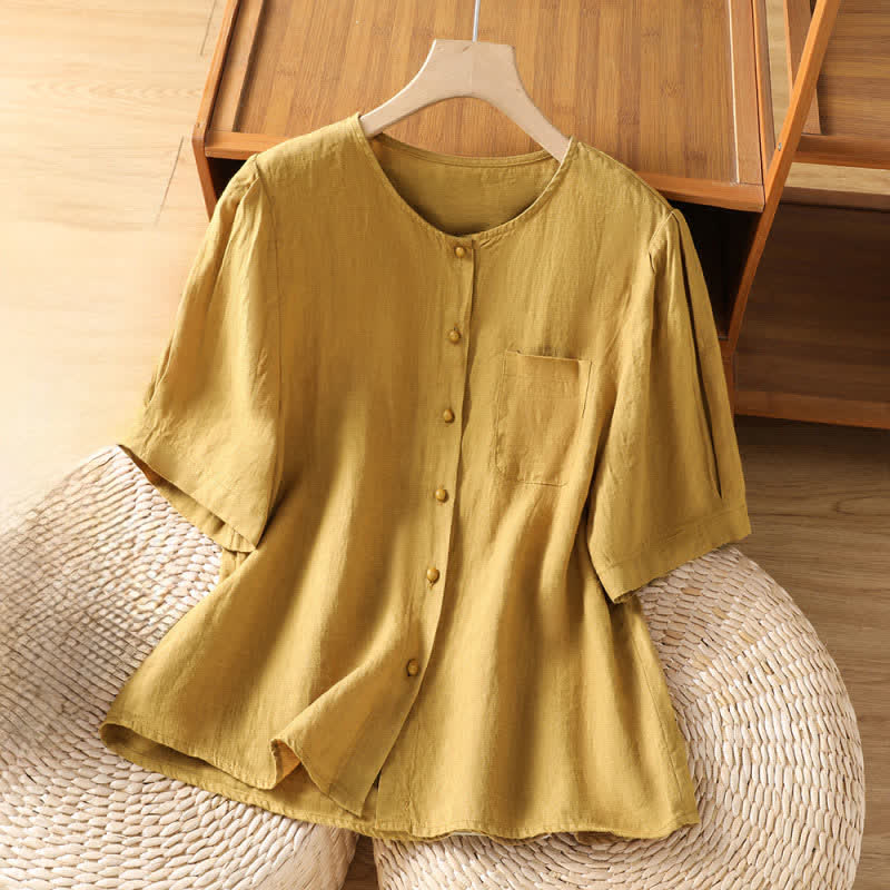 Buddha Stones Chemises d'été minimalistes et décontractées à manches courtes pour femmes, boutonnées, unies, avec poche plaquée - Kaki foncé - US8-10, UK/AU12-14, EU40-42 (2XL) - image 7