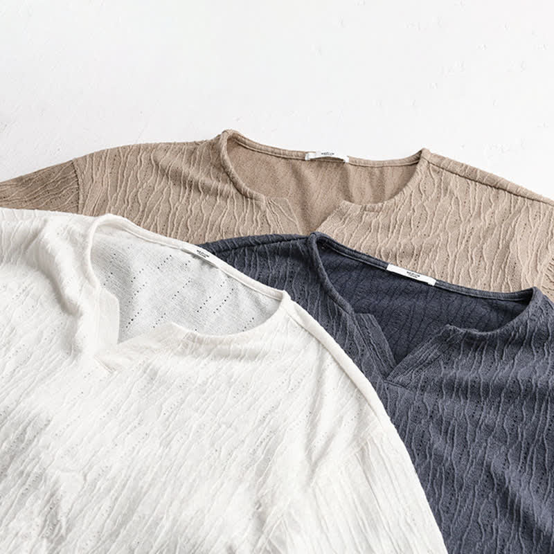 Buddha Stones T-shirts d'été minimalistes à manches courtes et col en V pour hommes - image 19