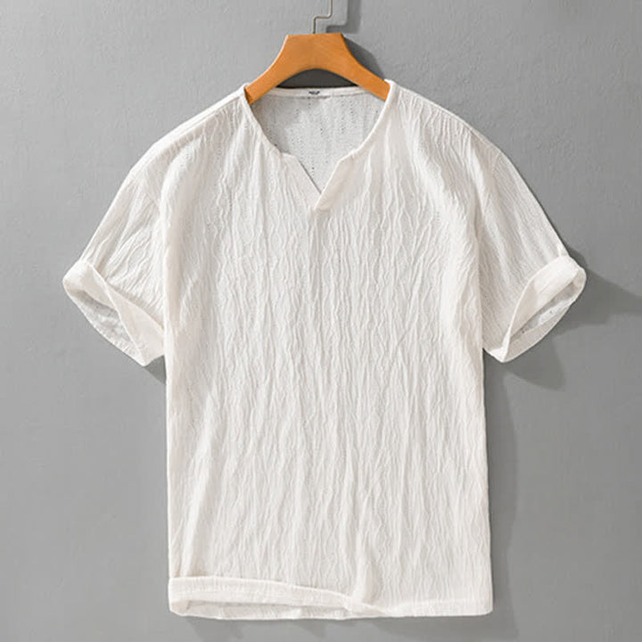 Buddha Stones T-shirts d'été minimalistes à manches courtes et col en V pour hommes - Lin - US/UK/AU42, EU52 (3XL) - image 11