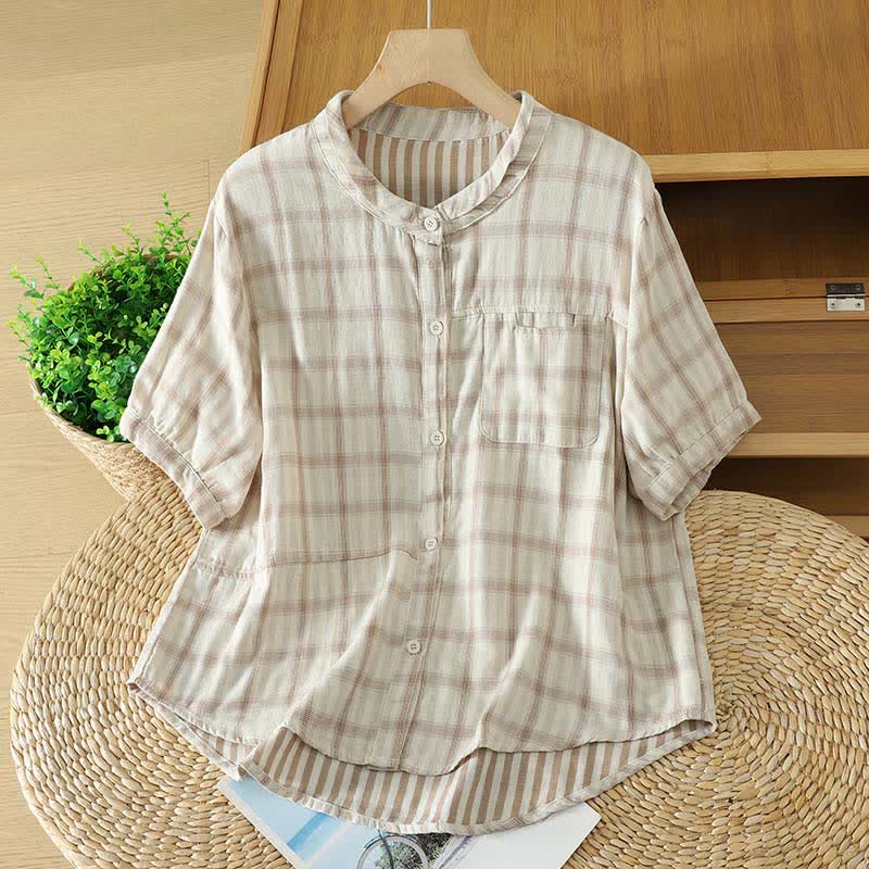Buddha Stones Chemises à carreaux vintage décontractées d'été pour femmes, manches courtes et poches plaquées - Beige - US12, UK/AU16, EU44 (XL) - image 18