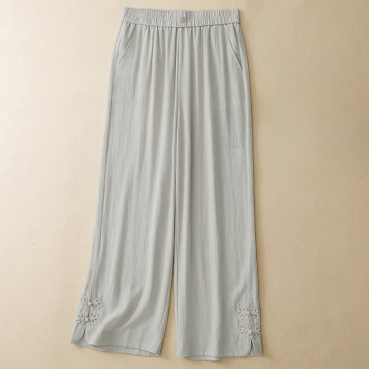 Buddha Stones Pantalon sarouel court uni brodé, style été décontracté, avec poches - Beige - US8-10, UK/AU12-14, EU40-42 (2XL) - image 0