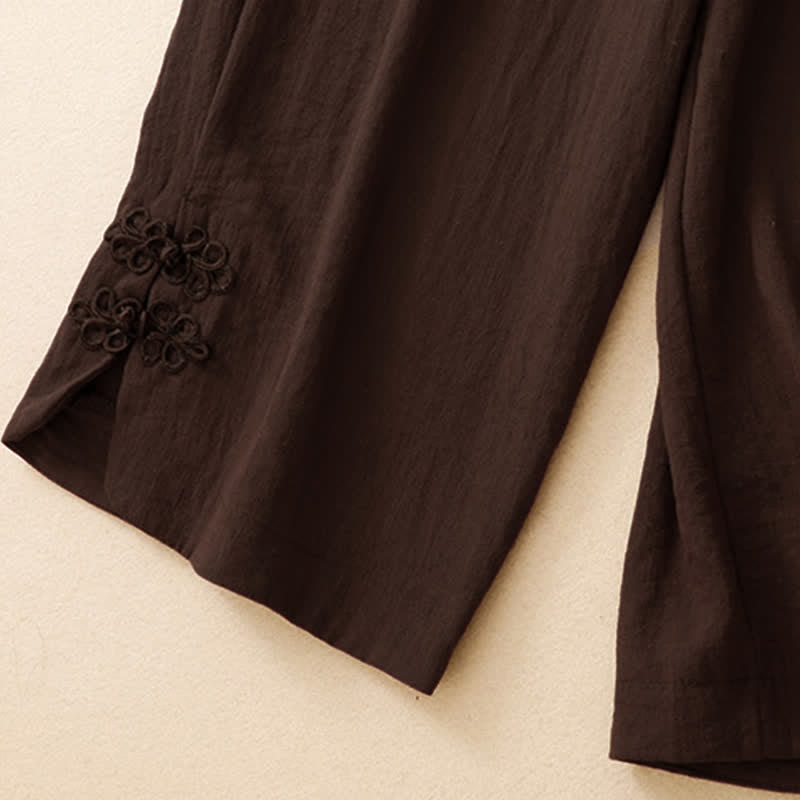 Buddha Stones Pantalon sarouel court uni brodé, style été décontracté, avec poches - image 19