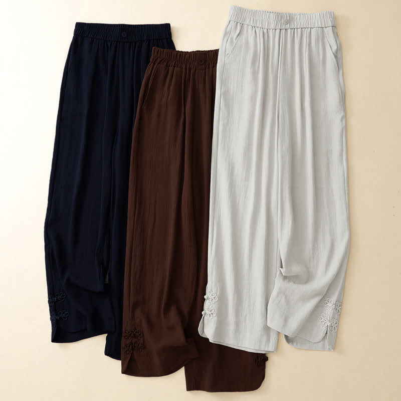Buddha Stones Pantalon sarouel court uni brodé, style été décontracté, avec poches - image 22