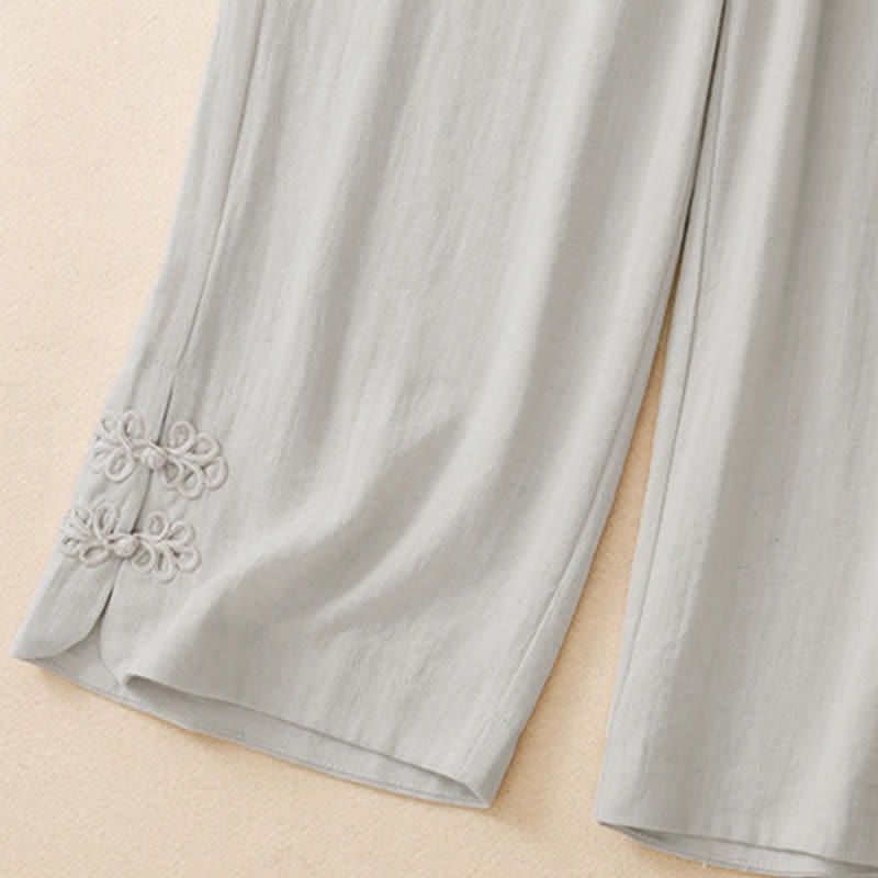 Buddha Stones Pantalon sarouel court uni brodé, style été décontracté, avec poches - image 6